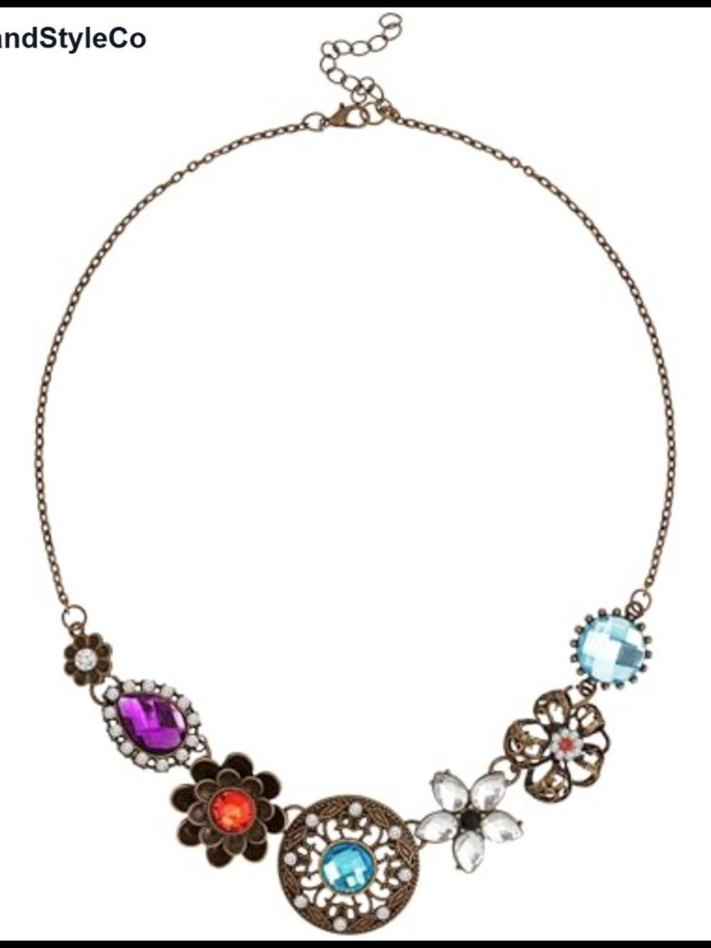 Vintage Gold-tone Multicolor Rhinestone Flower Pendant Necklace Statement